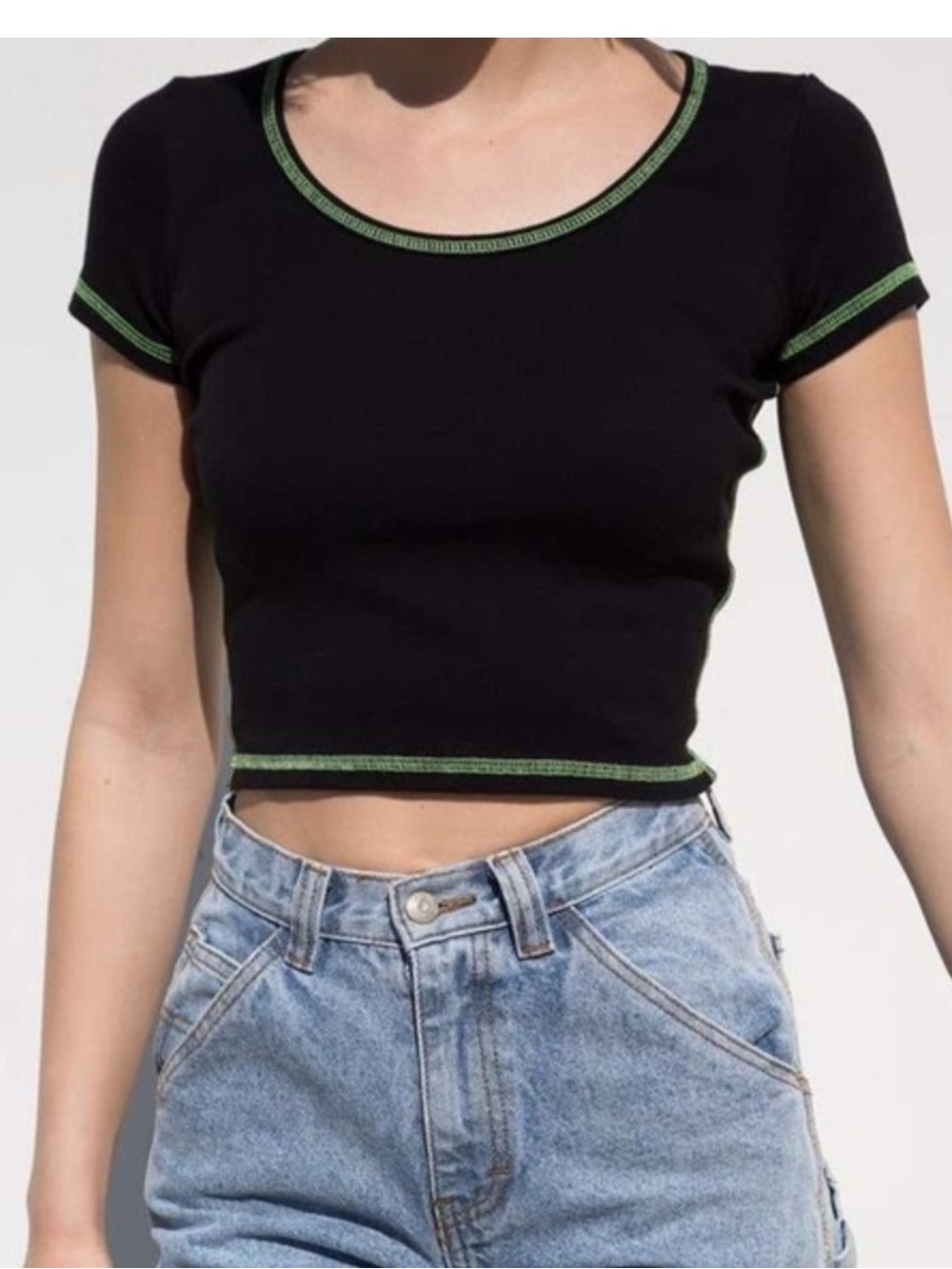 Brandy Melville Cropped Black Top with Neon Green Stitching